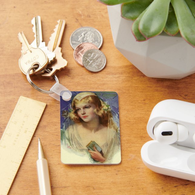 Vintage Bride holding a Bible, Religious Wedding Keychain (Desk)
