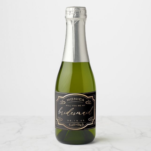 Vintage Bridesmaid Champagne Label Black and Gold (Front)