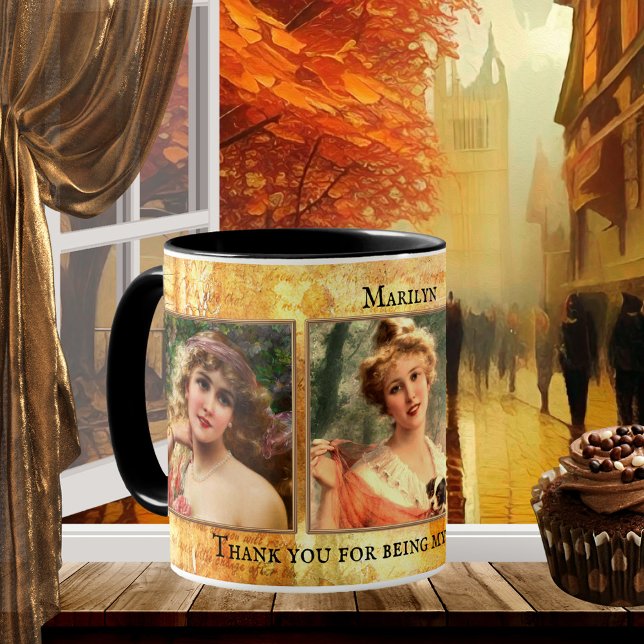 Vintage Bridesmaid Photo Mug (Bridesmaid Thank You photo mug featuring your own photos (optional) framed by a vintage paper design)
