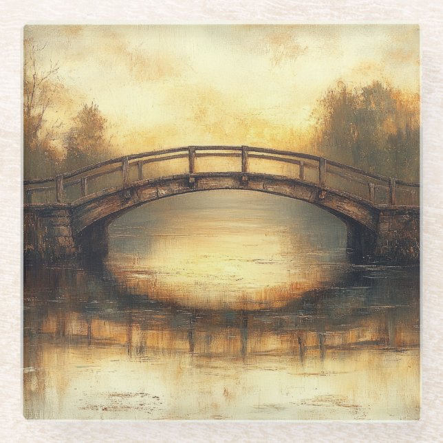 Vintage Bridge Over River Painting Countryside  Glass Coaster (Front)