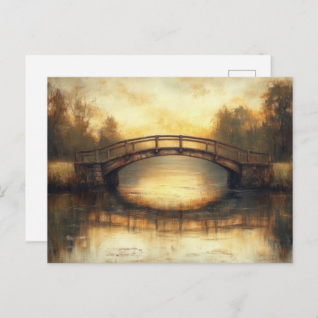 Vintage Bridge Over River Painting Countryside  Postcard (Front/Back)