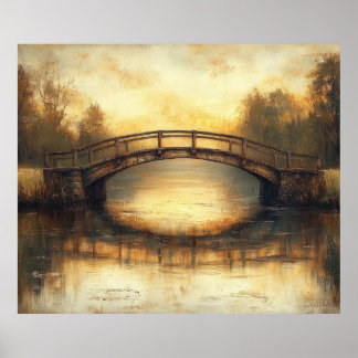 Vintage Bridge Over River Painting Countryside  Poster