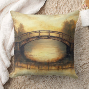 Vintage Bridge Over River Painting Countryside  Throw Pillow