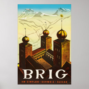 Vintage Brig Switzerland Travel Poster Valais Alps