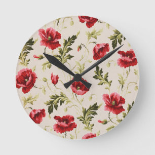 Vintage bright red poppies flower pattern  round clock