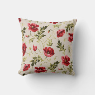 Vintage bright red poppies flower pattern throw pillow