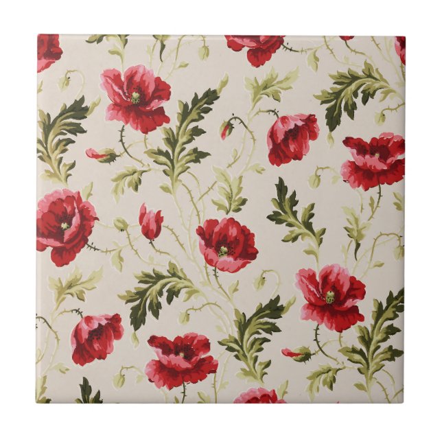 Vintage bright red poppies flower pattern  tile (Front)
