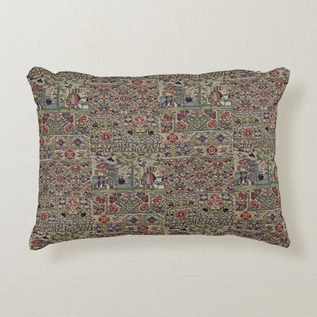 Vintage British Embroidery Pattern Blue Pink Accent Pillow (Front)