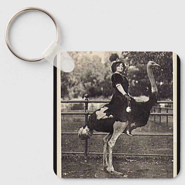 Vintage Broadway Actress Riding an Ostrich Keychain (Front)