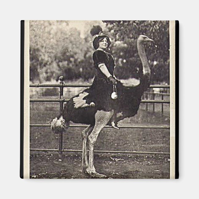 Vintage Broadway Actress Riding an Ostrich Magnet (Front)