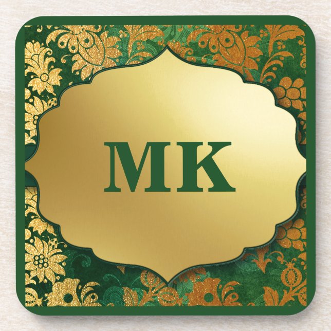 Vintage Brocade Green & Gold Leaf Monogrammed Coaster (Front)