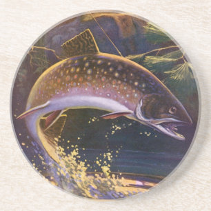 Vintage Brook Trout Fish Fisherman, Sports Fishing Coaster