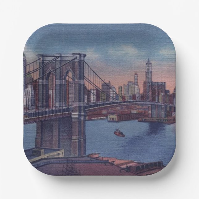 Vintage Brooklyn Bridge Art Painting Paper Plate (Front)