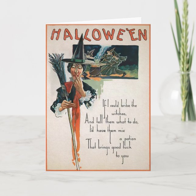 Vintage Broom Witch Poem Halloween Card (Front)