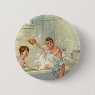 Vintage Brothers, Children, Boys Splashing in Tub, 2 Inch Round Button