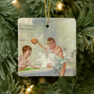 Vintage Brothers, Children, Boys Splashing in Tub, Ceramic Ornament