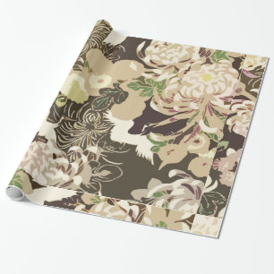 Vintage brown and beige flowers and birds wrapping paper