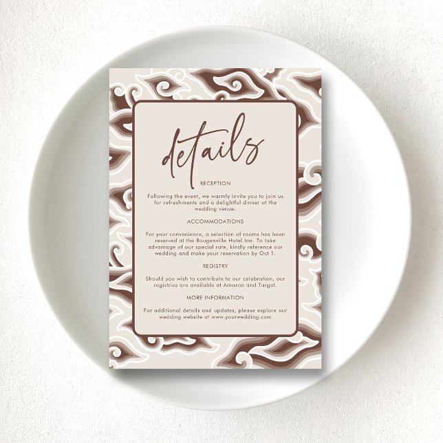 Vintage Brown Batik Wedding Details Card (Elegant Batik Details Vintage Brown Wedding Enclosure Card)