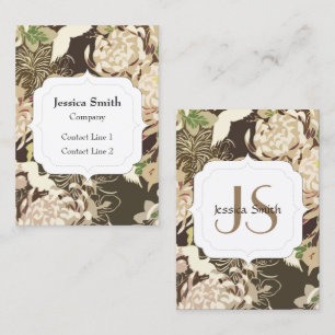 Vintage brown beige flowers and birds Monogram Business Card