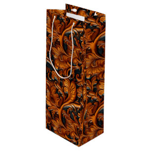 Vintage Brown black tooled leather Wine Gift Bag