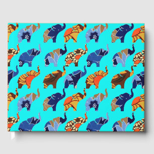Vintage Brown & Blue Floral Print Elephants  Guest Book