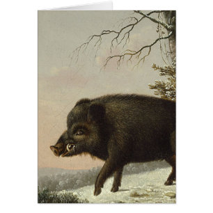 Vintage Brown Boar Hunting Painting, Wildlife Art