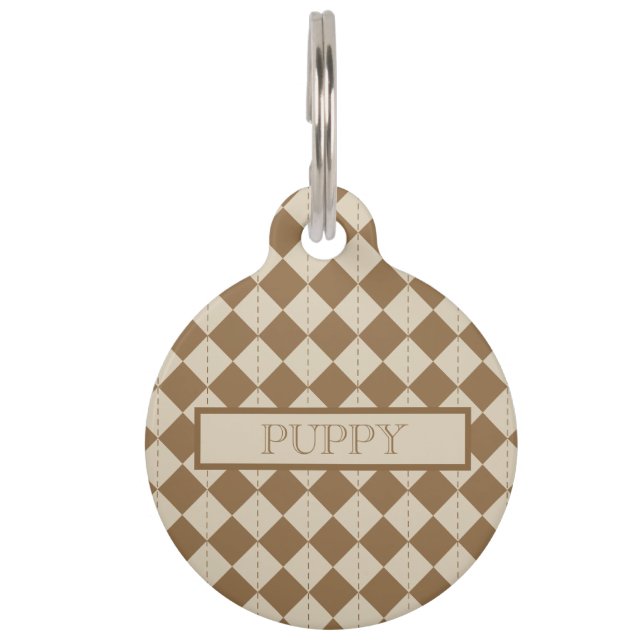 Vintage Brown Chequered Pattern Pet Tag (Front)