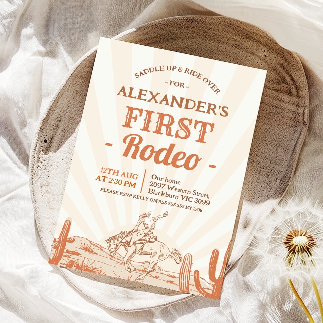 Vintage Brown Cowboy 1st Rodeo Birthday Invitation (Boys Retro First Rodeo 1st Birthday Invitation, Cowboy 1st Birthday Invite, Cowboy Themed Western)