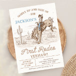 Vintage Brown Cowboy First Rodeo 1st Birthday  Invitation<br><div class="desc">Vintage Brown Cowboy First Rodeo 1st Birthday Invitation

Boy's first rodeo themed first birthday invitation featuring a cowboy and horse,  desert landscape,  and some rope style text.  This boy's first rodeo birthday invitation is ideal for anyone looking for a vintage style invitation.</div>