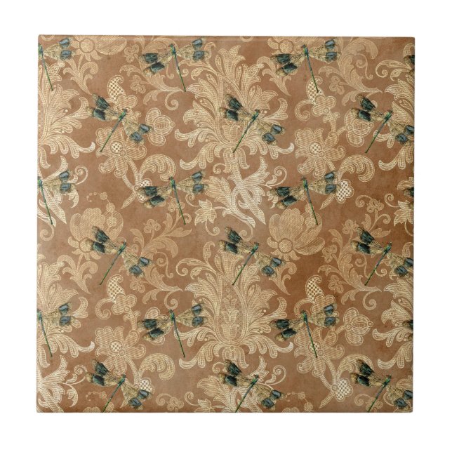 Vintage Brown Damask Floral Green Dragonflies Tile (Front)