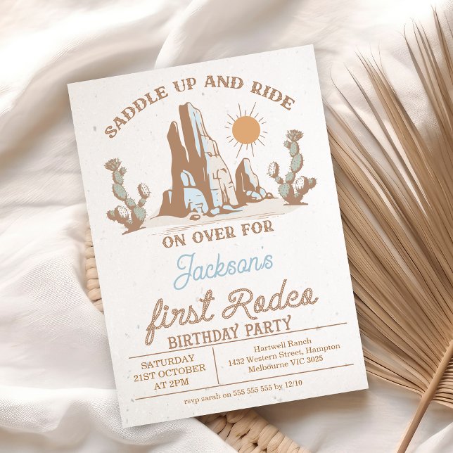 Vintage Brown Desert First Rodeo 1st Birthday  Invitation (Vintage Boys First Rodeo 1st Birthday Invitation, Wild West Birthday, Western Cowboy Desert Sun )
