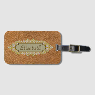Vintage Brown Faux Leather With Golden Custom Name Luggage Tag