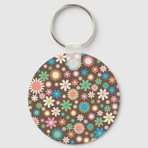 Vintage brown floral daisy retro Spring flowers Keychain