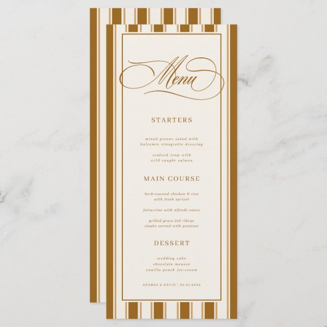 Vintage Brown & Ivory Stripes Classic Wedding Menu (Front/Back)