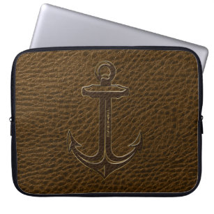Vintage Brown Leather, Anchor Gold Accent Laptop Sleeve