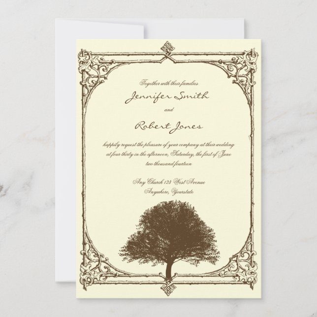 Vintage Brown Oak Tree on Cream Wedding Invitation (Front)