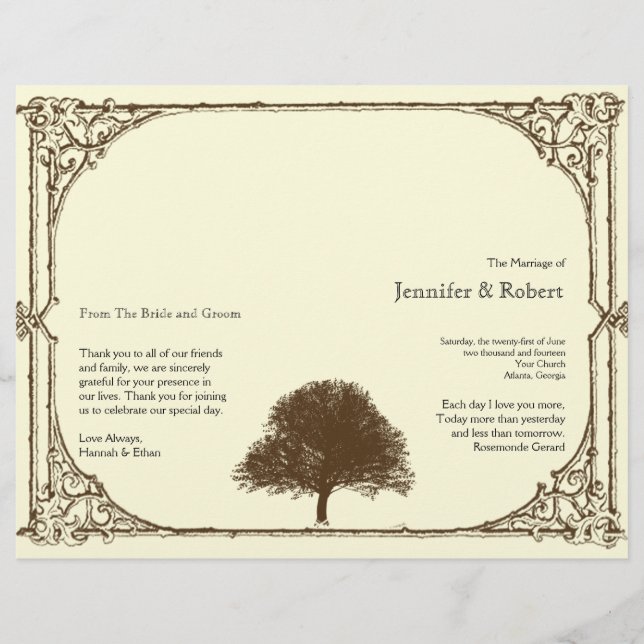 Vintage Brown Oak Tree on Cream Wedding Program (Front)