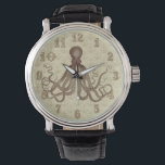 Vintage Brown Octopus with Anchors Watch<br><div class="desc">This beautiful antique octopus drawing* from the 19th Century has been recolored brown and placed on a pretty light brown - beige distressed / grunge background with a faint anchor pattern. The result is an original watch to match your nautical and beach theme or steampunk fashion. The watch numbers are...</div>