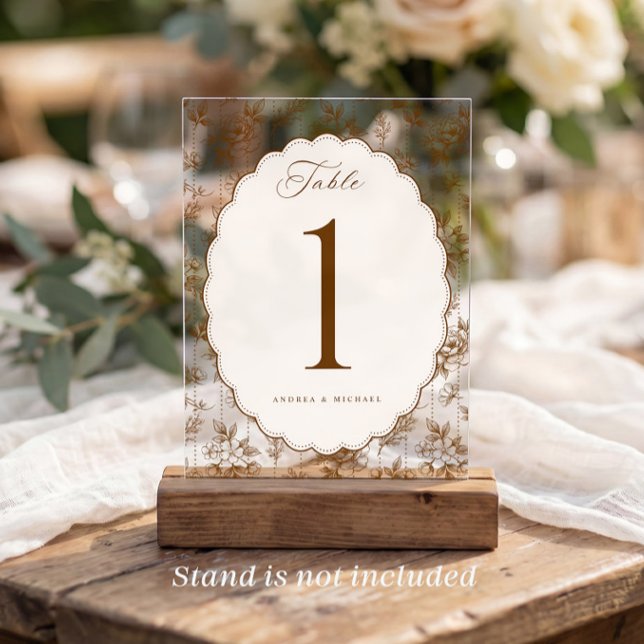 Vintage Brown Oval Frame Wedding Table Numbers (Brown & cream vintage French floral acrylic oval scalloped wedding table number with botanical frame)