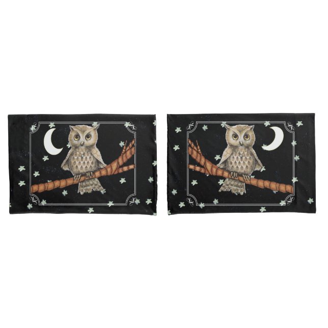 Vintage Brown Owl Necklace Crescent Moon Stars Pillowcase (Front-Set)