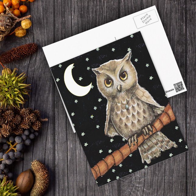 Vintage Brown Owl Necklace Crescent Moon Stars Postcard (Pretty brown owl wearing necklace on branch moon stars black sky postcard.)