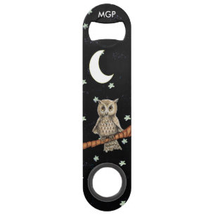 Vintage Brown Owl Necklace Crescent Moon Stars Speed Bottle Opener