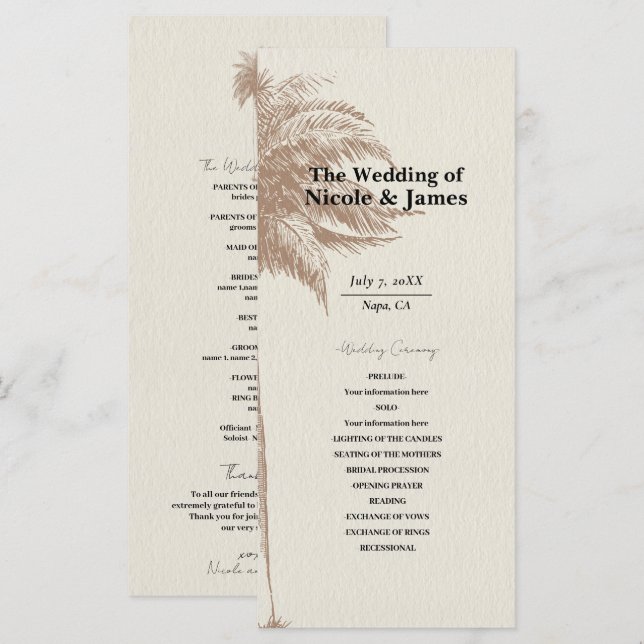 Vintage Brown Palm Tree Beach Wedding Program (Front/Back)
