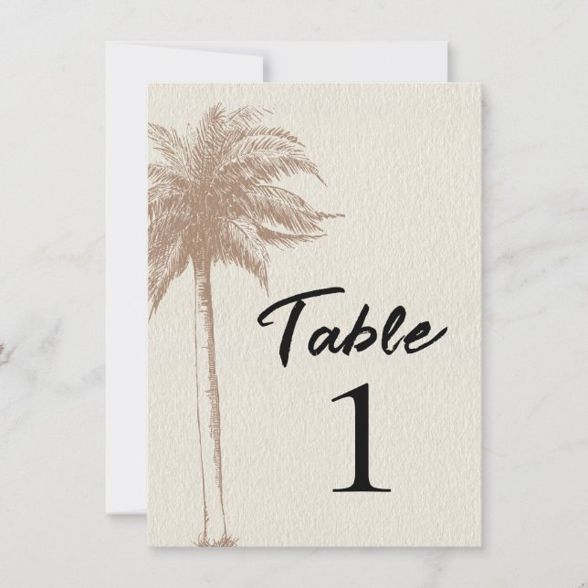 Vintage Brown Palm Tree Beach Wedding Table Number (Front)