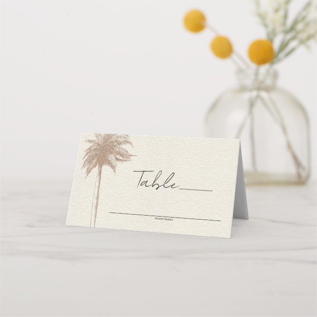 Vintage Brown Palm Tree Beach Wedding Table Number Place Card (Front)