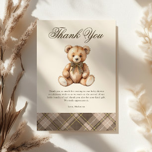 Vintage Brown Plaid Teddy Bear Baby Shower Thank You Card