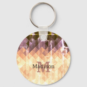 Vintage brown purple geometric pattern Monogram Keychain