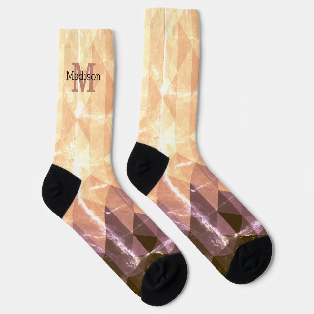 Vintage brown purple geometric pattern Monogram Socks (Right)