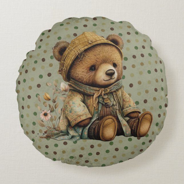 Vintage Brown Teddy Bear And Polkadots  Round Pillow (Front)