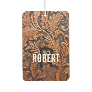Vintage brown tooled leather monogram name air freshener